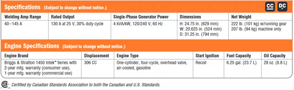 Hobart Champion 145 Specifications